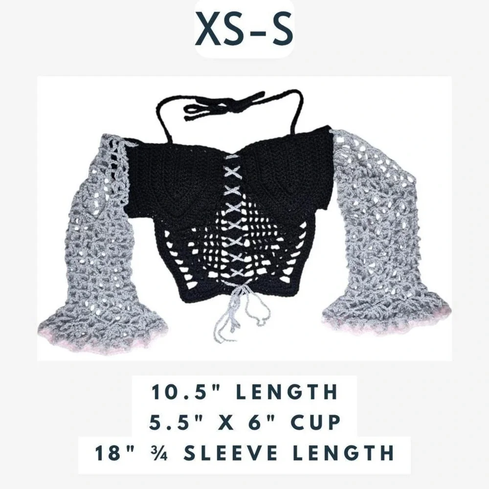 Handmade Crochet Corset Top with‎ Flared Sleeves – Black & Grey Coquette Style